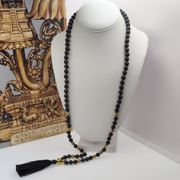 Gorjana Hannah Drusy Black and Gold Beaded Necklace with Tassel Mana Beads - Picture 3 of 7